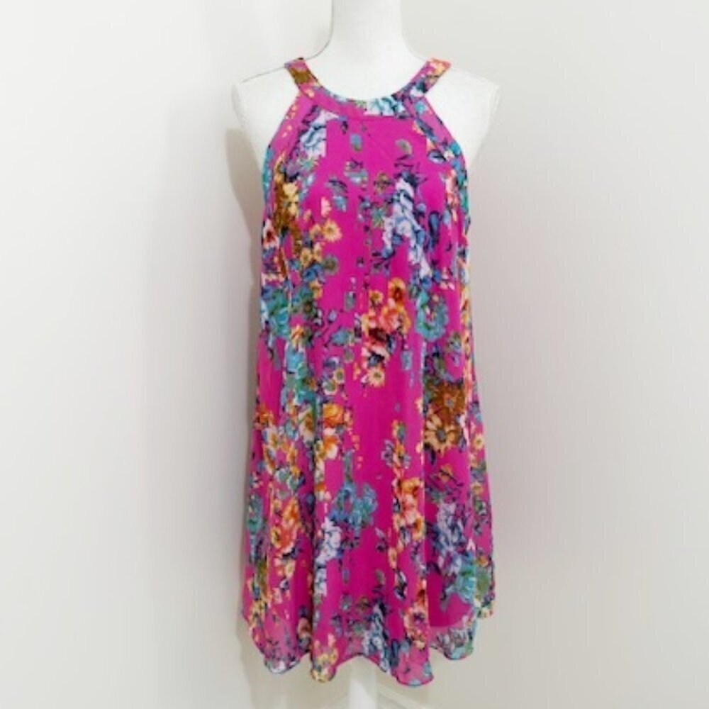 Betsey Johnson Pink Floral Flowy Chiffon Halter Shift Dress Women's Size 6